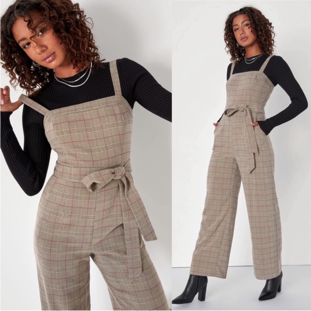 Lulus Autumn Essential Brown Plaid Sleeveless Wide Leg Jumpsuit